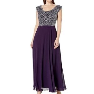J Kara Womens Short Sleeve Beaded Top Long Dress Purple 5220EM Size 6 NEW‎